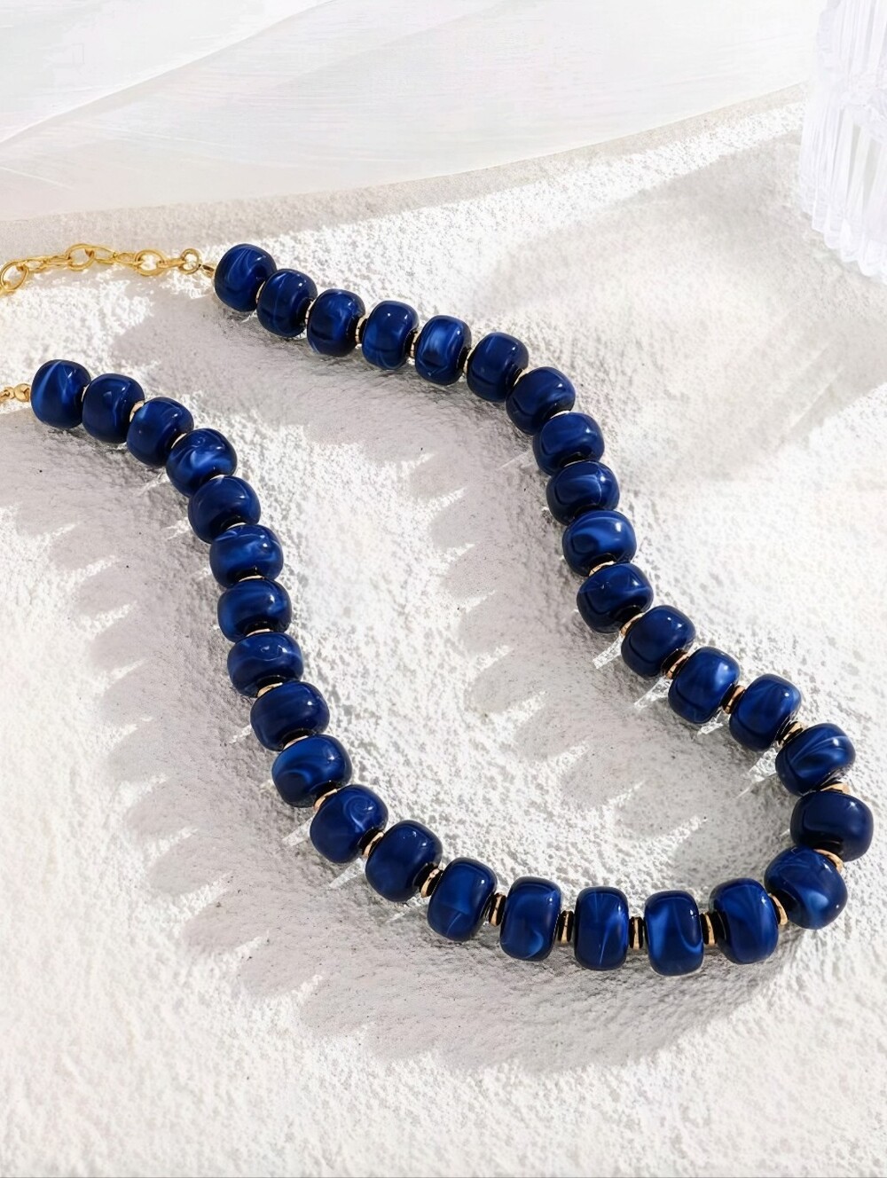 Blue Marble Acrylic Chunky Bead Choker Necklace Gold Tone Statement Jewelry NWOT